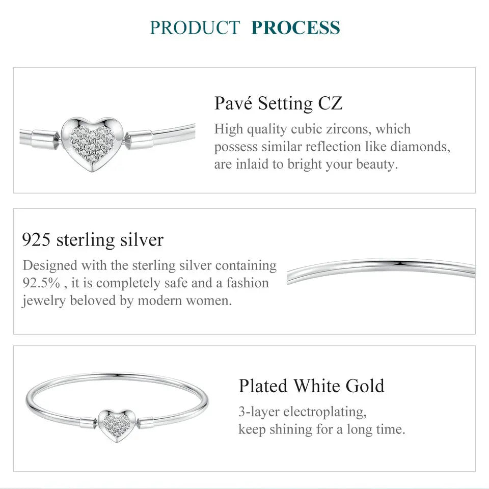 BAMOER Authentic 925 Sterling Silver Charm Bracelet, Classic Heart/Shell Basic Bangle for Women Charm Beads DIY Jewelry BSB192