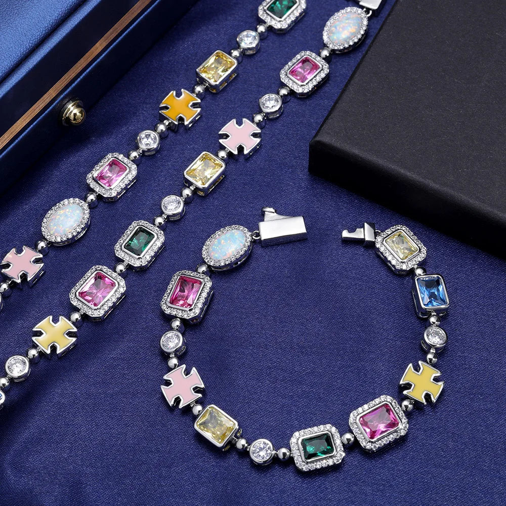 10mm Multicolor Green Blue Red Yellow Black Gem Stone Enamel Cross Chain 18K Gold Plated Jewelry Big Gemstone Necklace Women