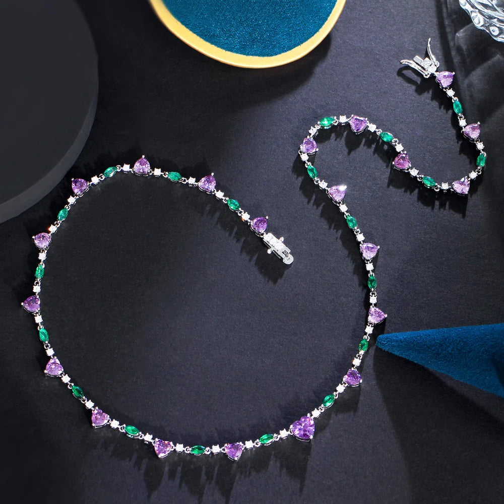 ThreeGraces Exquisite Purple Cubic Zirconia Beautiful Heart CZ Link Chain Necklace for Women Summer Daily Dress Jewelry PN148