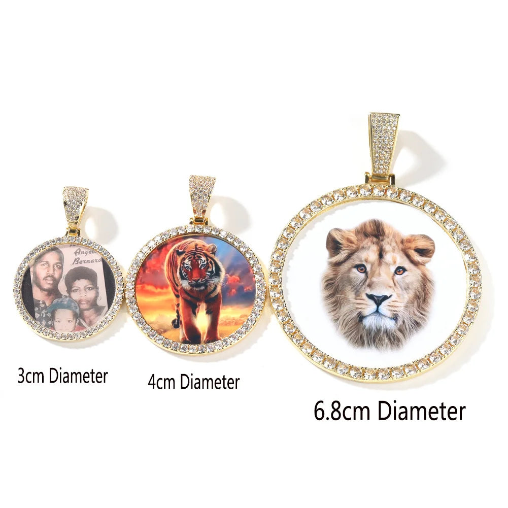 UWIN 6.8cm Oversize Large Round Custom Photo Pendant Iced Out CZ Hiphop Jewelry Necklace Engrave Name Memory Gifts
