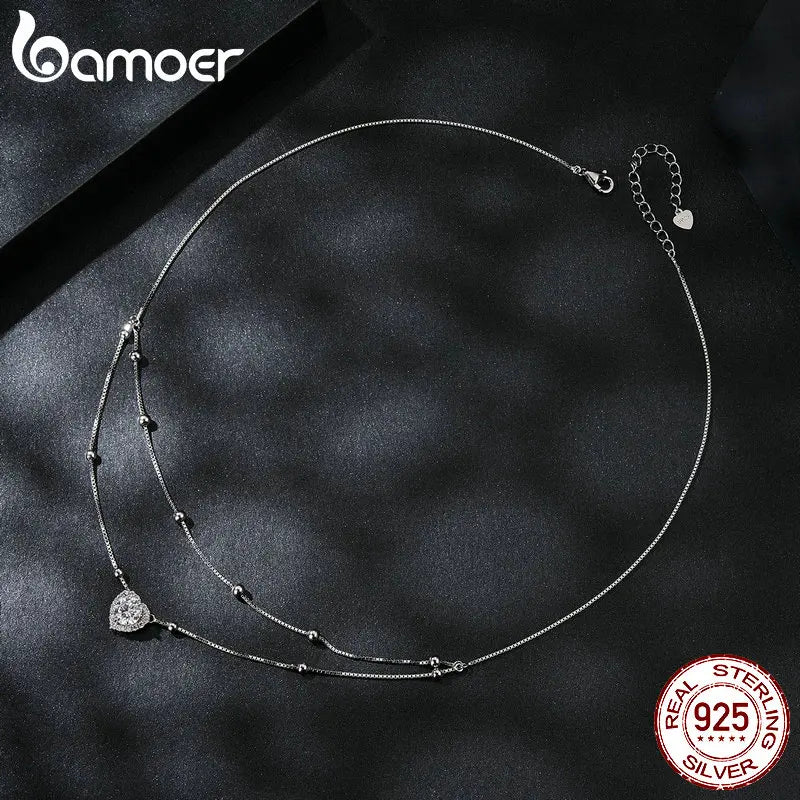 Bamoer 925 Sterling Silver Halo Heart Moissanite Pendant Necklace Double-layer Necklace for Women Valentine's Day Gift