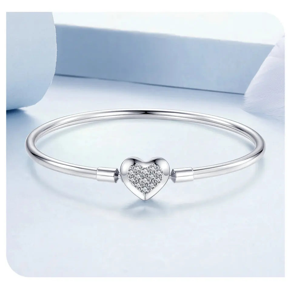 BAMOER Authentic 925 Sterling Silver Charm Bracelet, Classic Heart/Shell Basic Bangle for Women Charm Beads DIY Jewelry BSB192