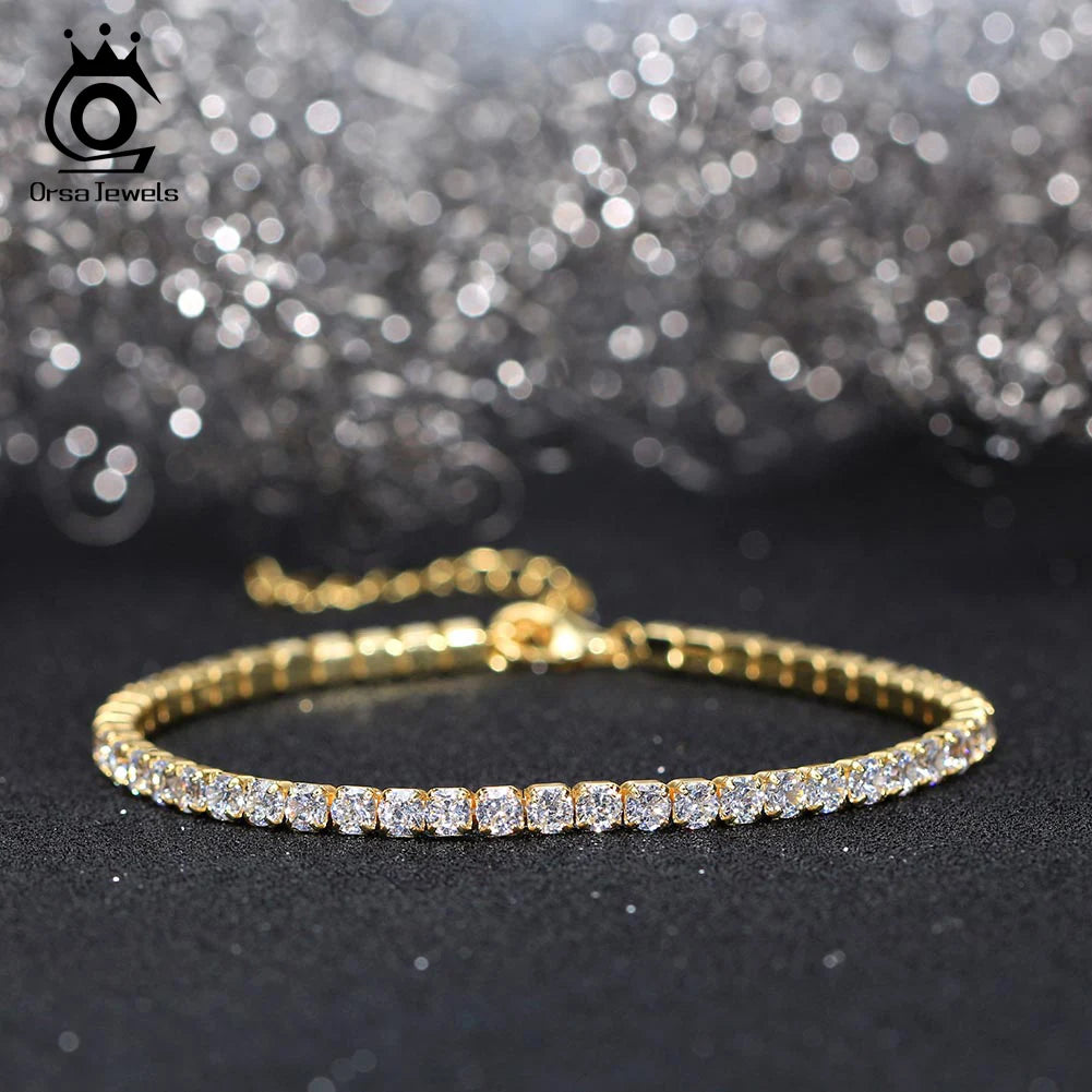 ORSA JEWELS 925 Sterling Silver Brilliant Tennis Bracelet 3.0mm Bezel Setting CZ for WomenChain Bracelet Luxury Jewelry SB192