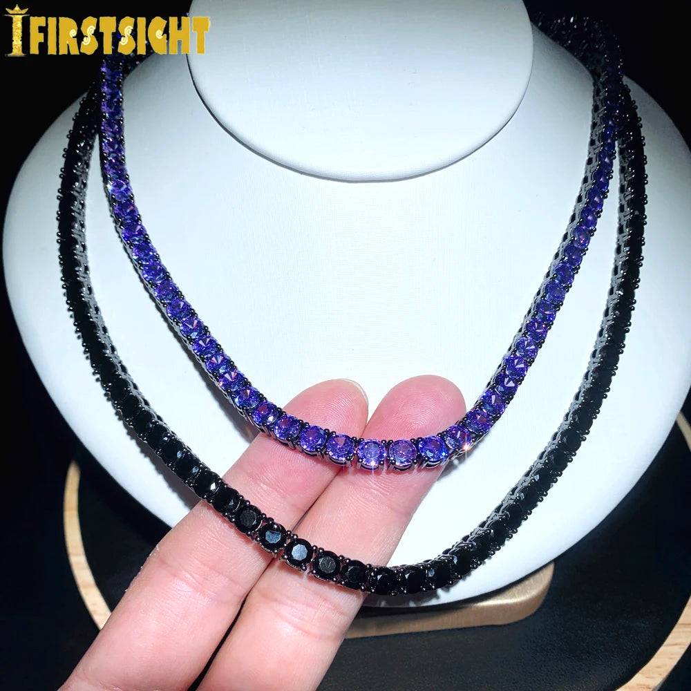 New Black Color Cubic Zirconia Tennis Chain Necklace Iced Out Bling 5mm Stone Link Charm Hip Hop For Women Men Jewelry