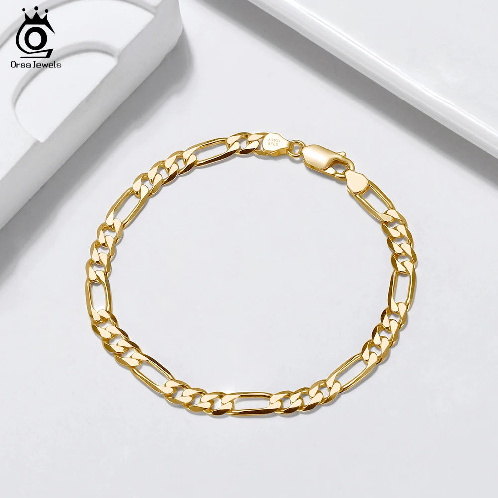 ORSA JEWELS Punk Genuine 925 Sterling Silver 5mm Diamond-Cut Figaro Chain Bracelets for Women Men Party Jewelry Gift SB66
