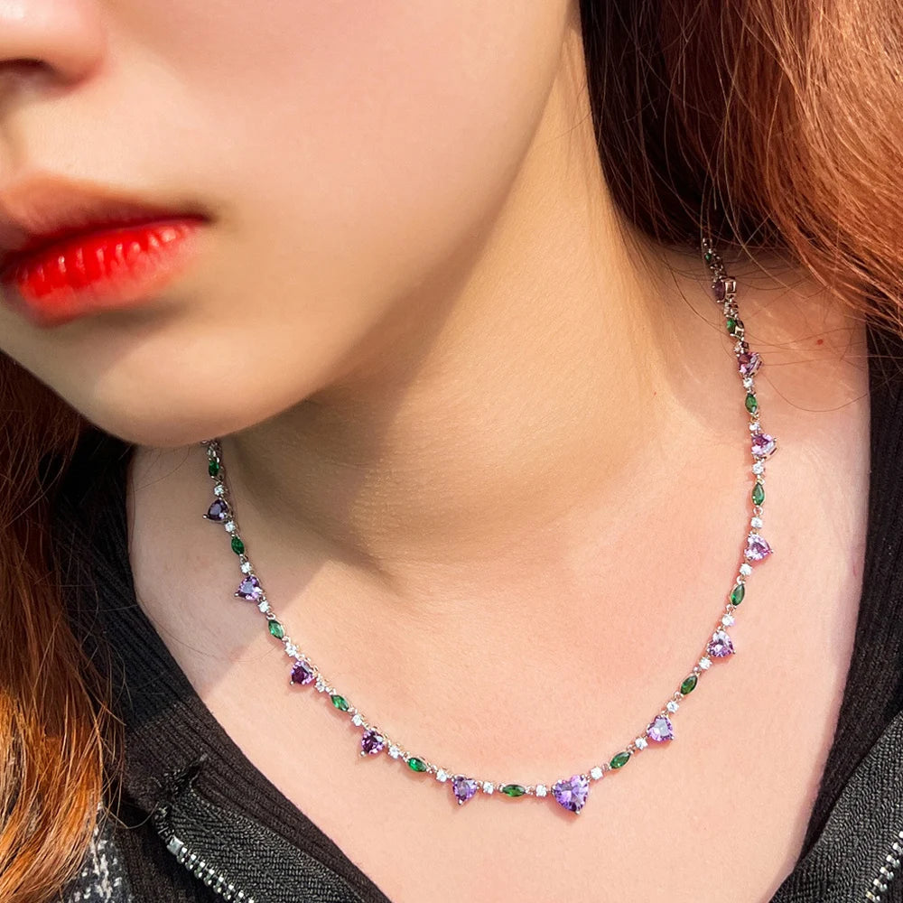 ThreeGraces Exquisite Purple Cubic Zirconia Beautiful Heart CZ Link Chain Necklace for Women Summer Daily Dress Jewelry PN148