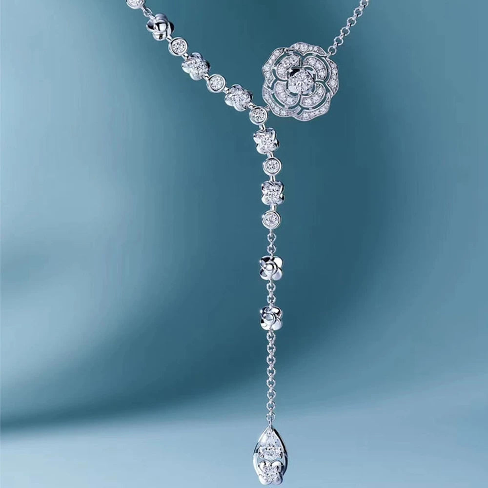 shop 100% 925 Sterling Silver Rose Flowers Lab White Sapphire Gemstone Women Necklace Pendant Wedding Party Fine Jewelry