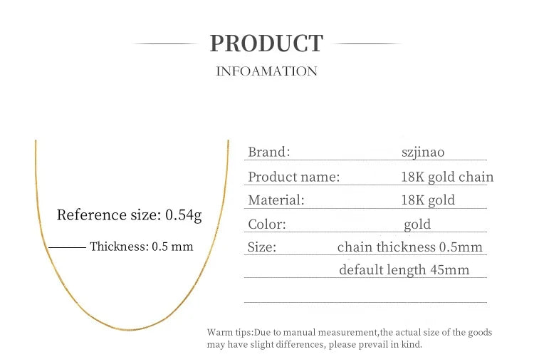18k Gold Necklace Chopin Chain Au750 Steel Stamp 100% Genuine for Women Anniversary Gift Trendy Jewelry Suitable for Pendants
