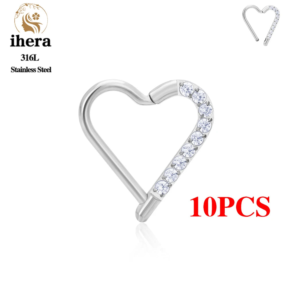 10PCS Stainless Steel D Shape Water Drop Nose Rings 16G CZ Septum Ring Ear Cartilage Tragus Helix Daith Earring Piercing Jewelry