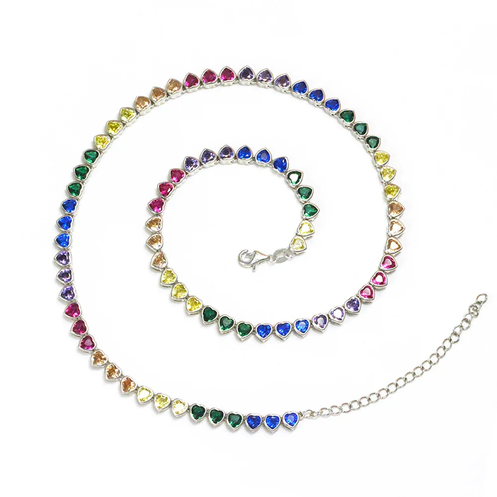 ThreeGraces Elegant Small Heart Shape Cute Lovely Multicolor CZ Tennis Choker Necklace for Women Fashion Party Jewelry PN120