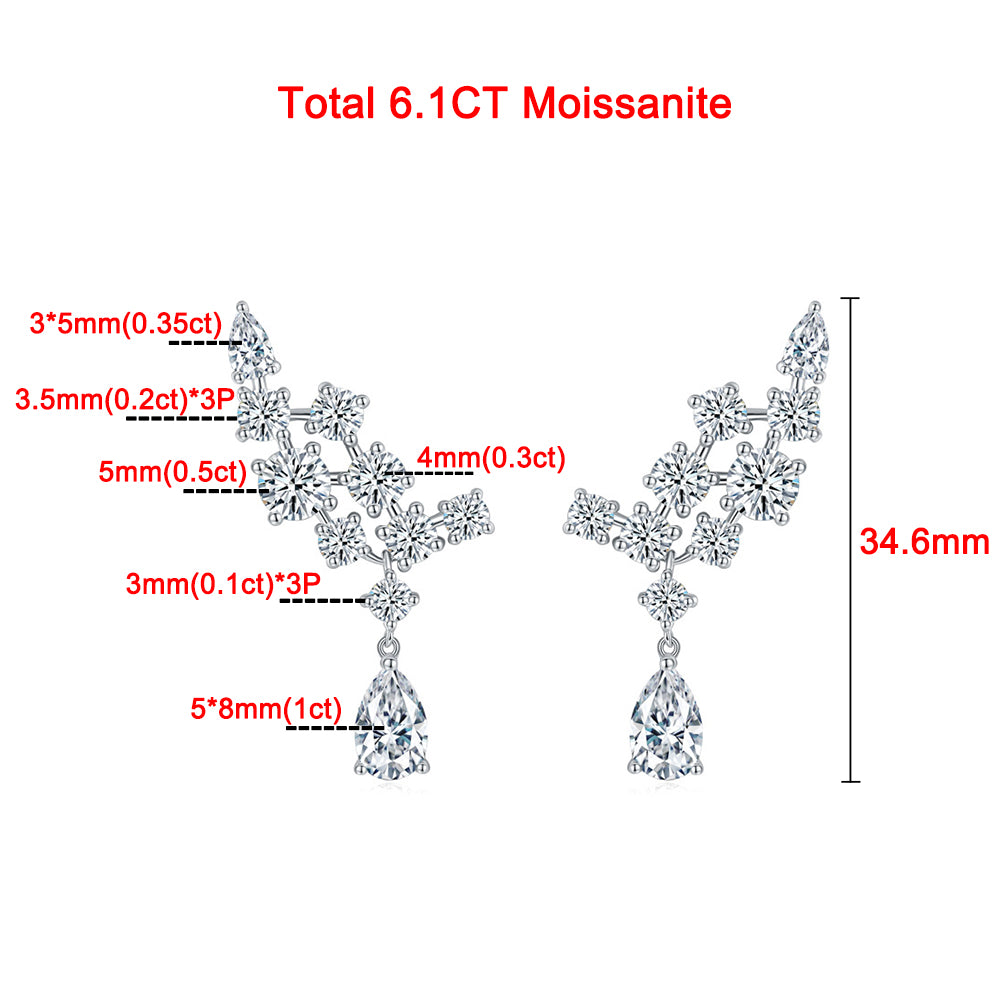 6.1cttw Luxury Full Moissanite Drop Earrings for Women 925 Sterling Silver D Color Sparkling Pear Cut Diamond Wedding Jewely GRA