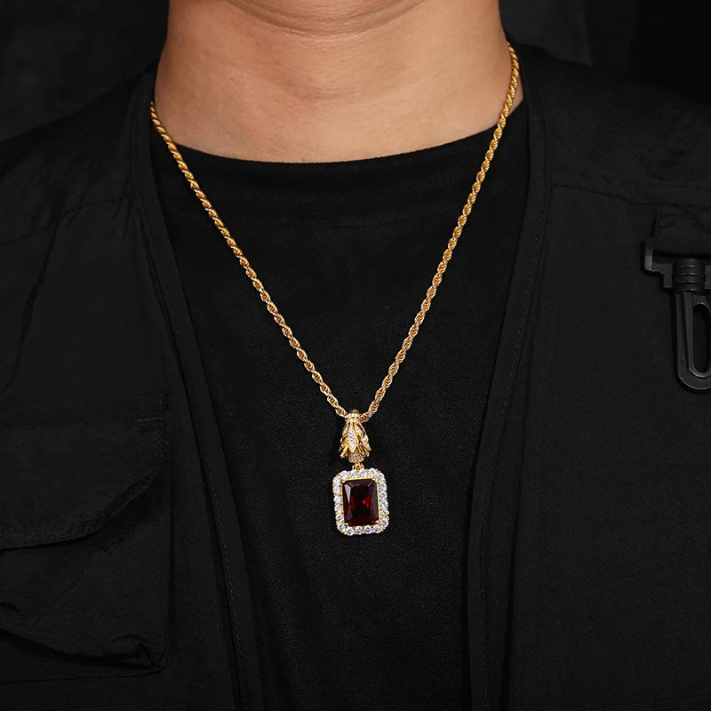 S925 Domineering Triangle Dragon Head Bail Red Cubic Zirconia Gem Pendant Necklace For Men Animal Hip Hop Men Jewelry Gifts
