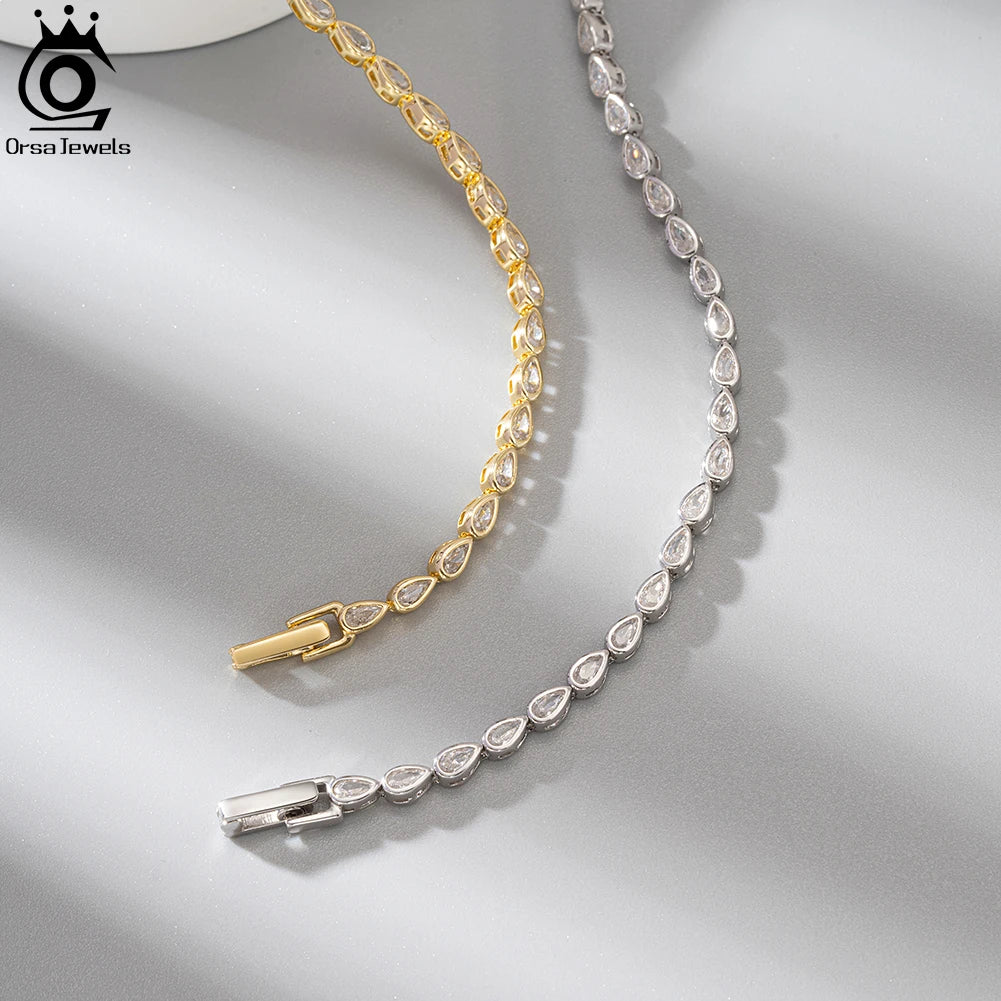 ORSA JEWELS 925 Sterling Silver Handmade 2*4mm Pear Cut CZ Bazel Setting Tennis Bracelet for Women Luxury Bracelet Jewelry SB154