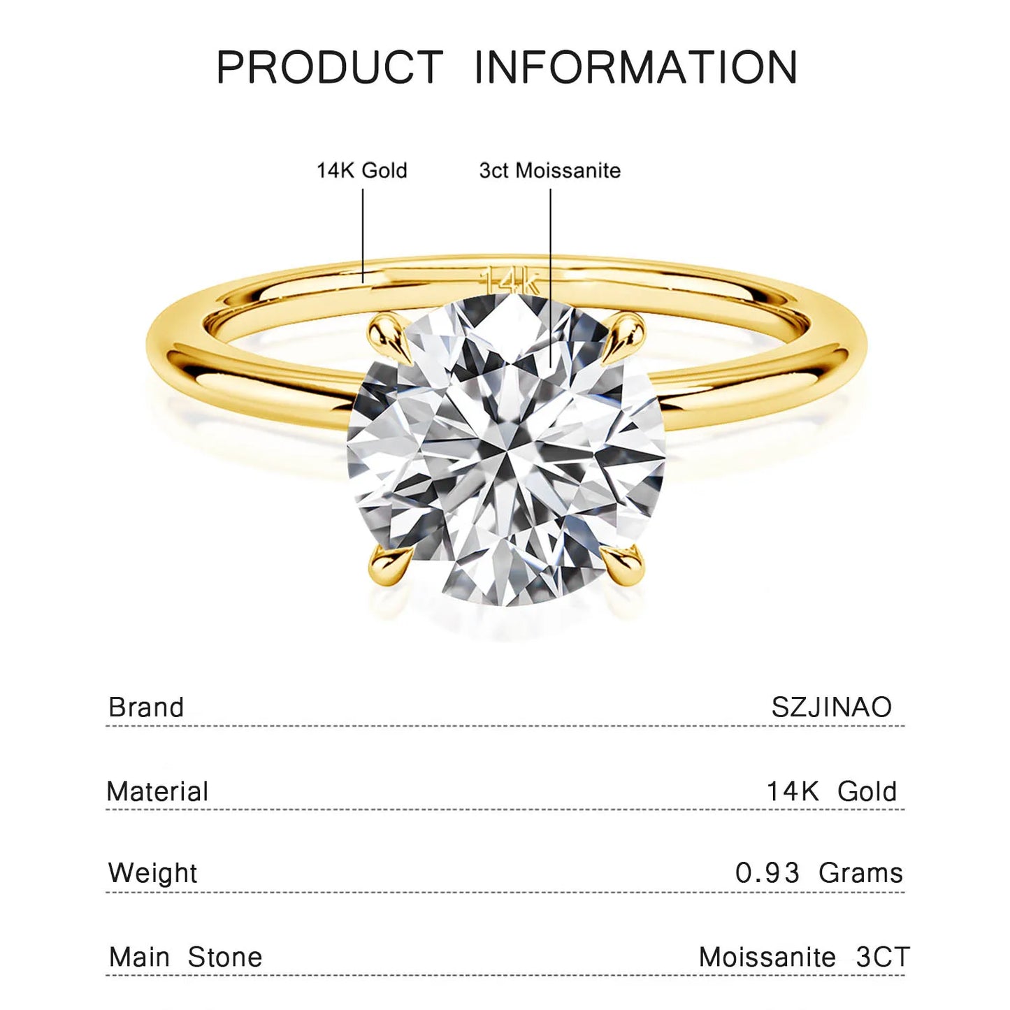 9mm 14K Gold Moissanite Diamond Ring 3CT 100% Au585 Round Cut For Women Wedding Anniversary Engagement Jewelry Gift