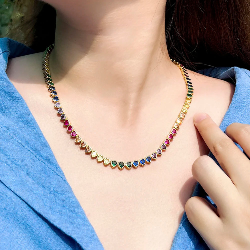 ThreeGraces Elegant Small Heart Shape Cute Lovely Multicolor CZ Tennis Choker Necklace for Women Fashion Party Jewelry PN120