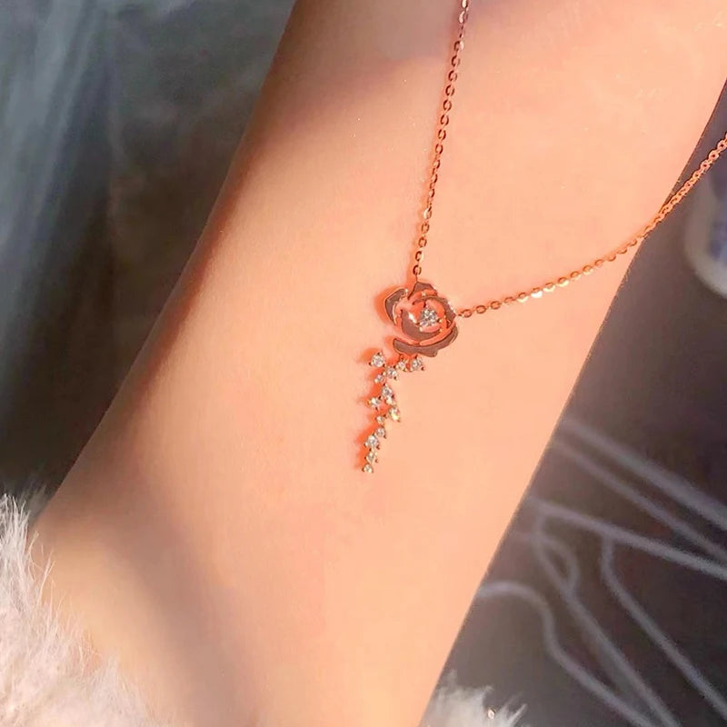 925 Sterling Silver Flower Jewelry Set Rose Gold Plated D Moissanite Pendant Necklace Stud Earrings Set for Women Wedding Gift