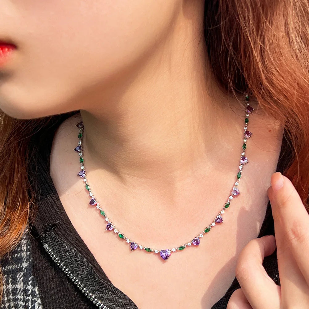 ThreeGraces Exquisite Purple Cubic Zirconia Beautiful Heart CZ Link Chain Necklace for Women Summer Daily Dress Jewelry PN148