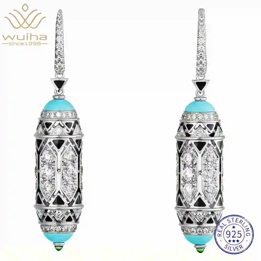 WUIHA Vintage 100% 925 Sterling Silver Blue Turquoise Gemstones Drop Dangle Earrings Anniversary Cocktail Fine Jewelry Wholesale
