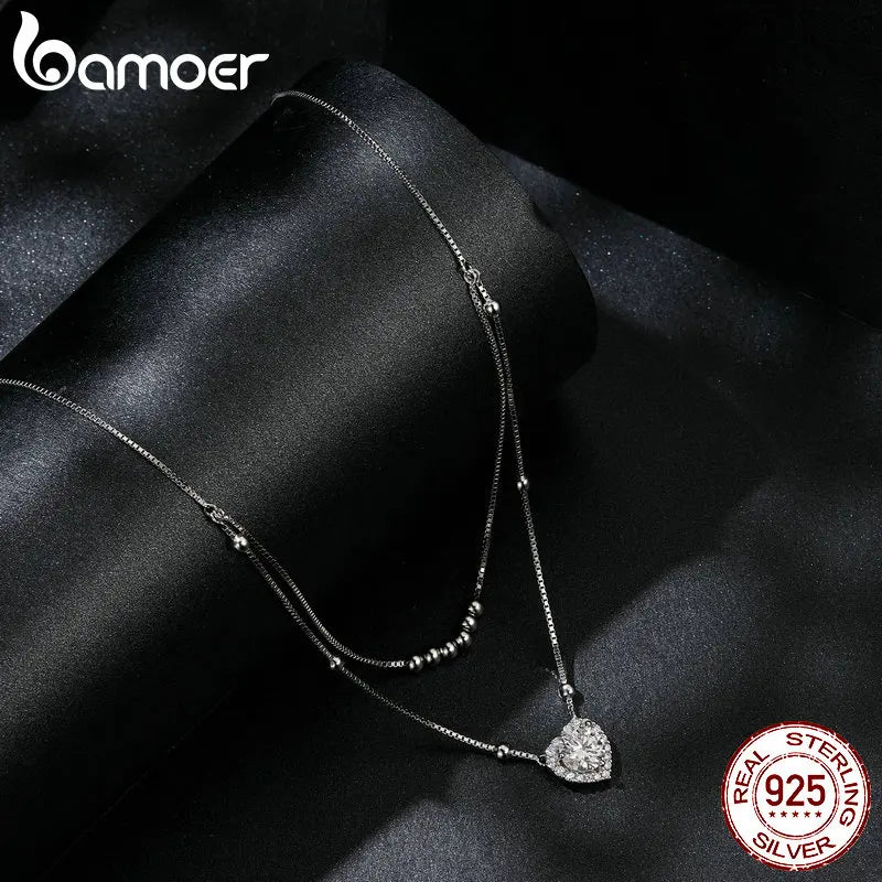 Bamoer 925 Sterling Silver Halo Heart Moissanite Pendant Necklace Double-layer Necklace for Women Valentine's Day Gift