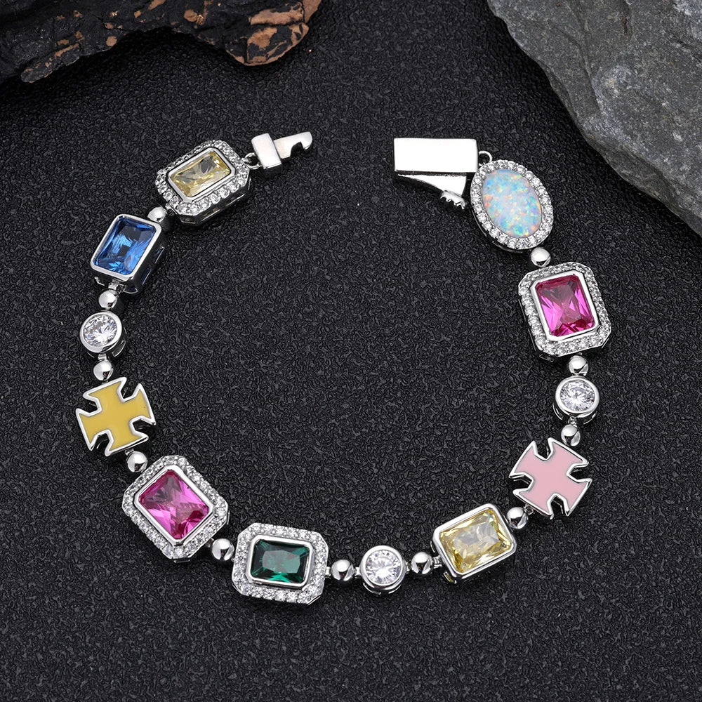 10mm Multicolor Green Blue Red Yellow Black Gem Stone Enamel Cross Chain 18K Gold Plated Jewelry Big Gemstone Necklace Women