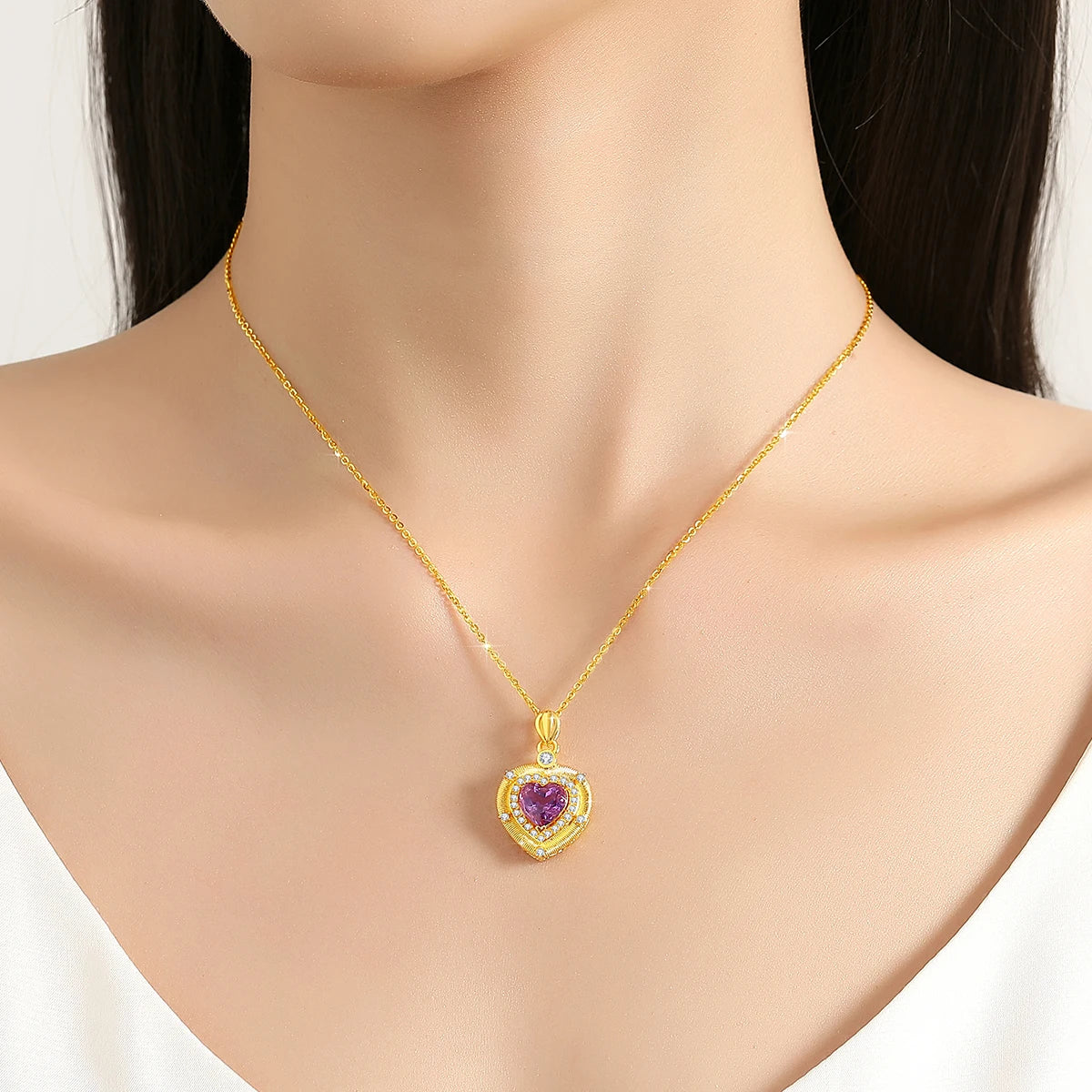 Real 18K Gold Natural Amethyst Heart Necklaces Pendant Original Design for Women Anniversary Party Gift Fine Jewelry