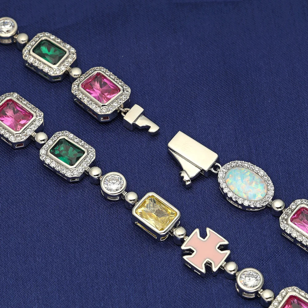 10mm Multicolor Green Blue Red Yellow Black Gem Stone Enamel Cross Chain 18K Gold Plated Jewelry Big Gemstone Necklace Women