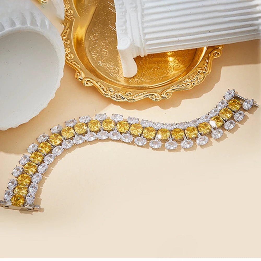 Women's Multi Layer Cushion Cut Yellow Zirconia Gem Diamond Tennis Italian Bracelet Silver Gold Plated Luxury Designer Jewelry
