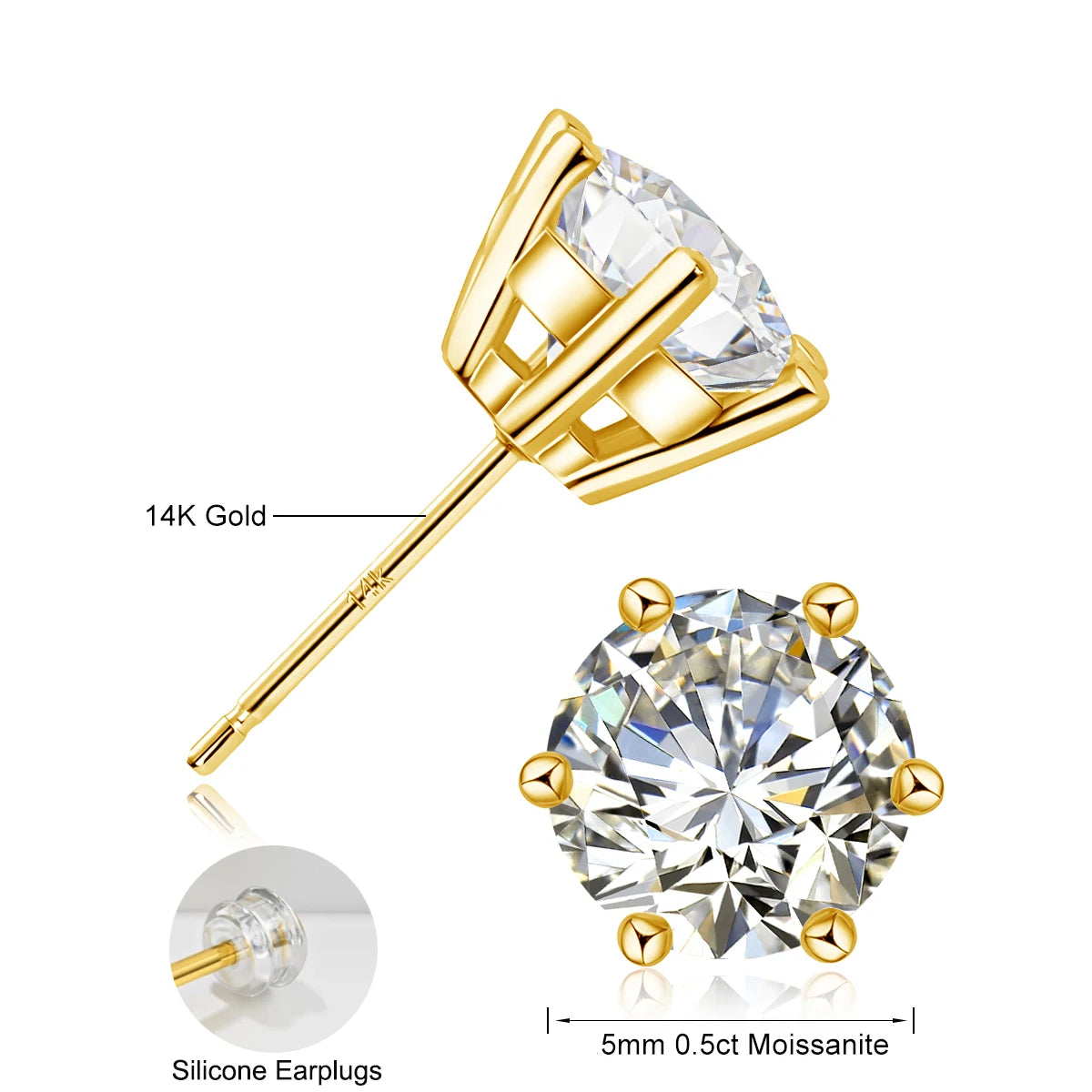 2ct Moissanite AU585 Earrings For Men Lab Diamond Yellow Gold 100% 14K Gold Stud Earring Luxury Fine Jewelry Women
