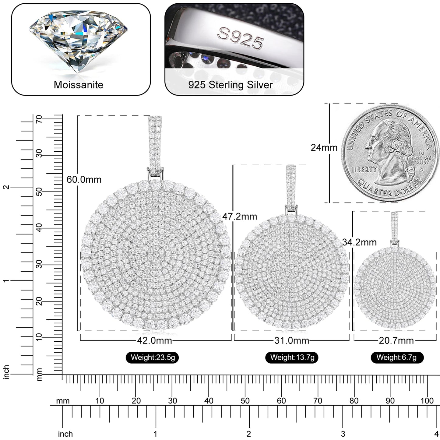 20/30/40mm Round D Color VVS Moissanite Pendant 925 Sterling Silver Necklaces Iced Out Shining Passed Diamond Test Wholesale