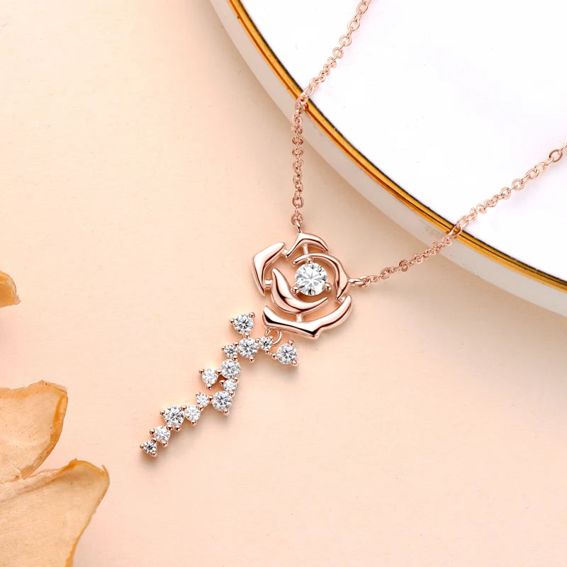 925 Sterling Silver Flower Jewelry Set Rose Gold Plated D Moissanite Pendant Necklace Stud Earrings Set for Women Wedding Gift