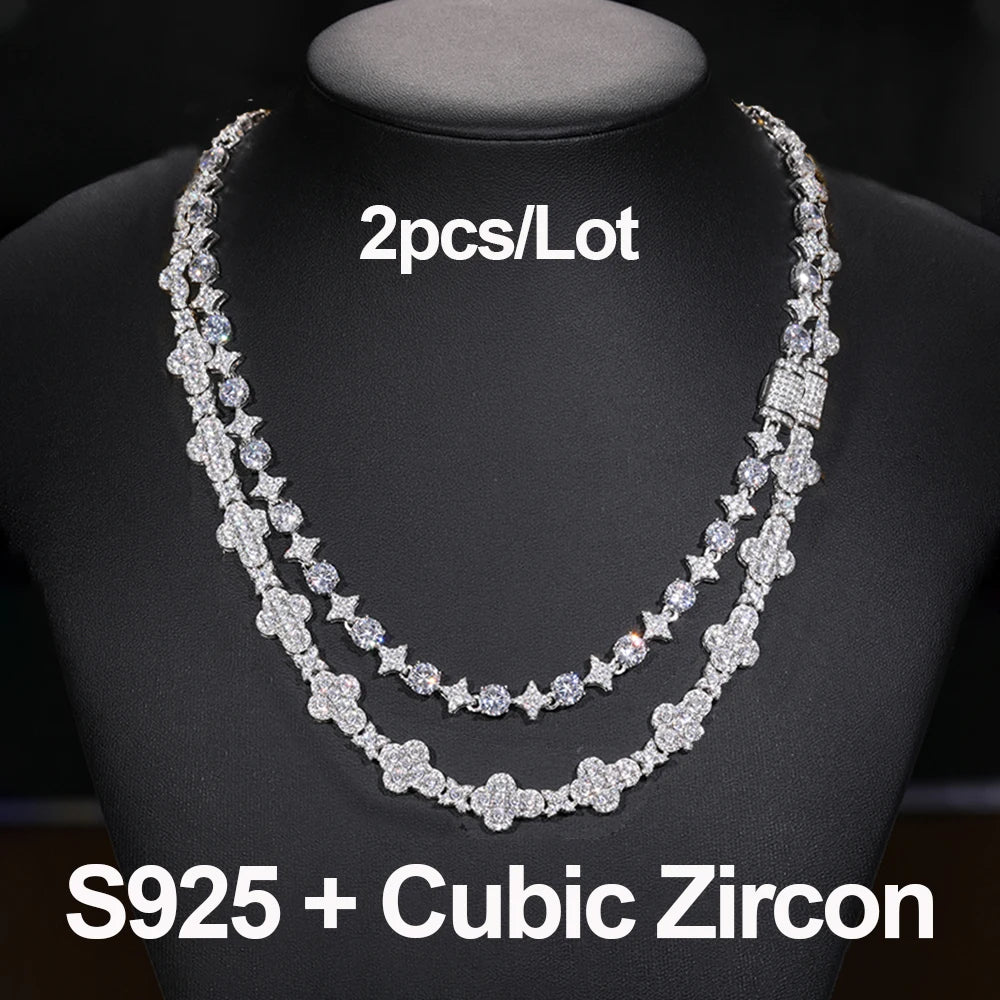 2pcs 925 Sterling Silver Star Round Cross Moissanite Tennis Chain Necklace For Women Men Couple Hip Hop Jewelry For Christmas