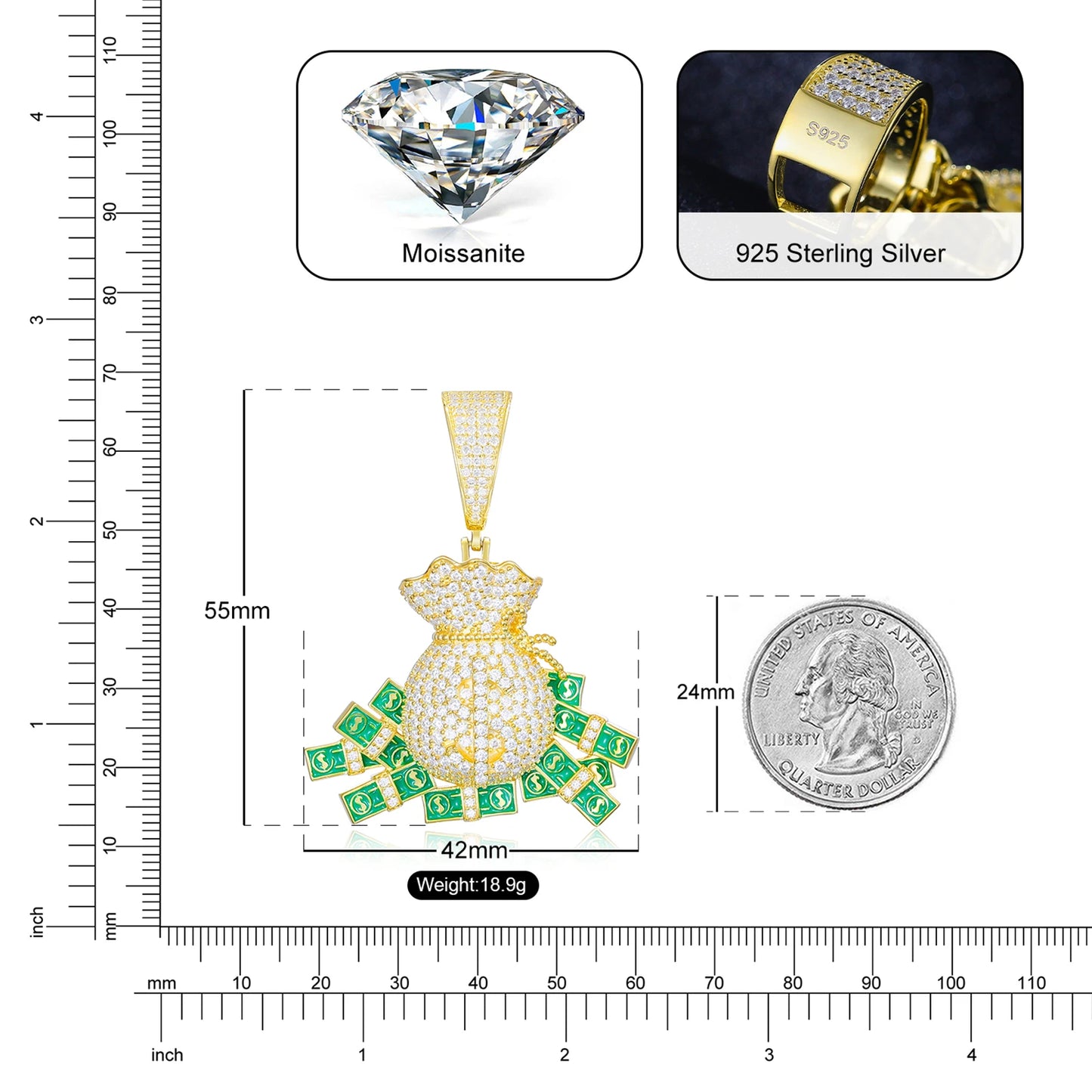 S925 Silver Fashion Personality Dollar Money Bag Pendant Necklaces D Color VVS Moissanite Creativity Hip Hop Iced Out Jewelry