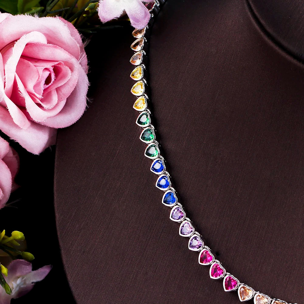 ThreeGraces Elegant Small Heart Shape Cute Lovely Multicolor CZ Tennis Choker Necklace for Women Fashion Party Jewelry PN120