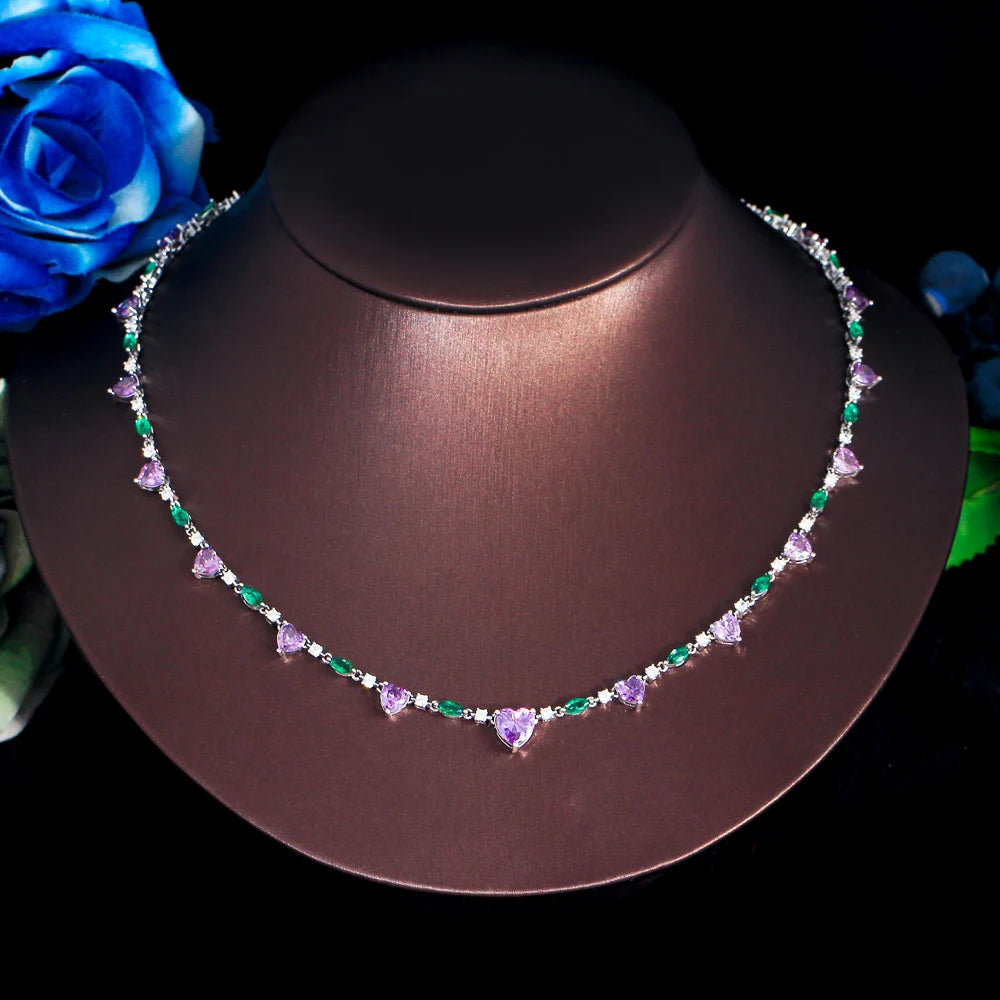 ThreeGraces Exquisite Purple Cubic Zirconia Beautiful Heart CZ Link Chain Necklace for Women Summer Daily Dress Jewelry PN148