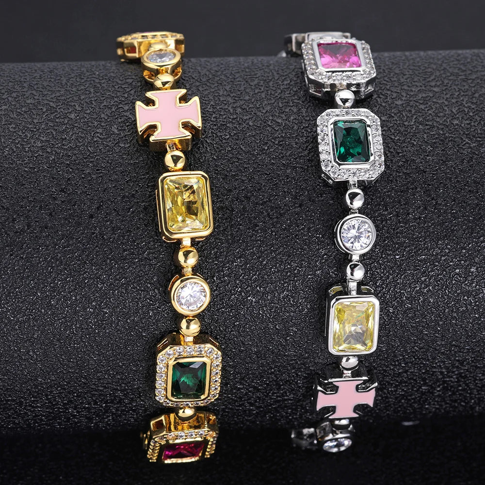 10mm Multicolor Green Blue Red Yellow Black Gem Stone Enamel Cross Chain 18K Gold Plated Jewelry Big Gemstone Necklace Women