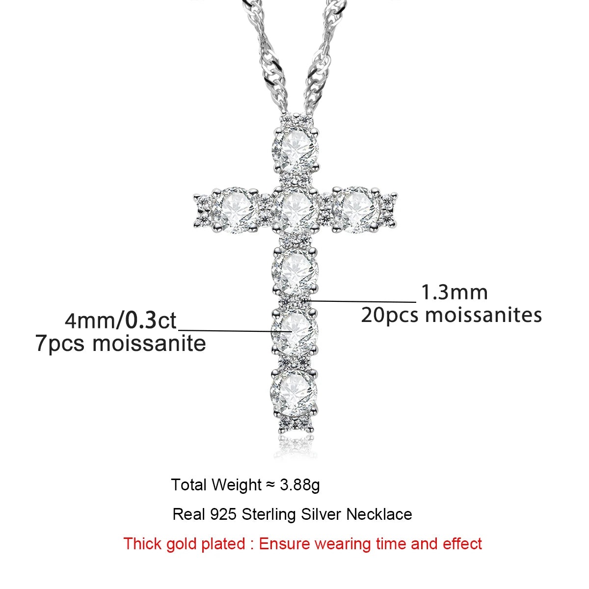 AnuJewel 4MM 2.1 Carat D Color Moissanite Diamond Cross Pendant Necklace 925 Sterling Silver 18K Gold Plated Customs Jewelry