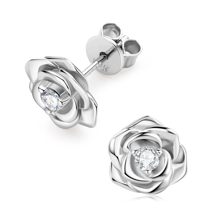 925 Sterling Silver Flower Jewelry Set Rose Gold Plated D Moissanite Pendant Necklace Stud Earrings Set for Women Wedding Gift