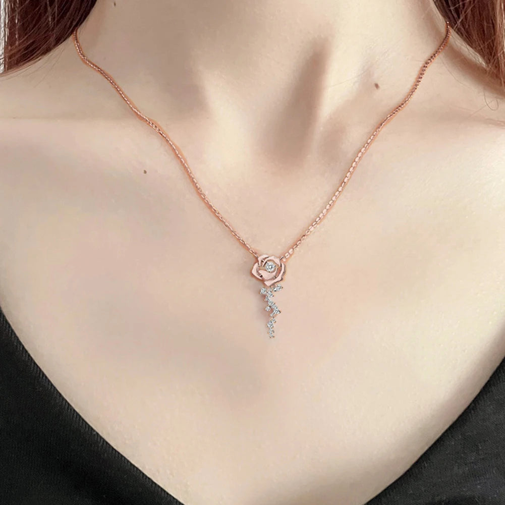 925 Sterling Silver Flower Jewelry Set Rose Gold Plated D Moissanite Pendant Necklace Stud Earrings Set for Women Wedding Gift