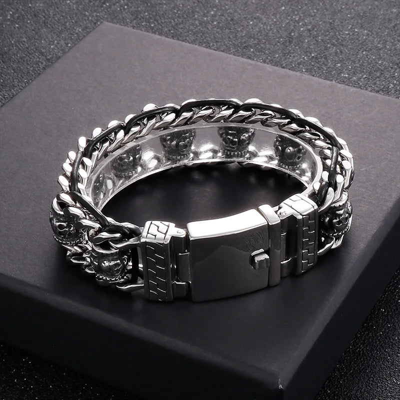 22mm Punk Retro Skull Head Bracelet for Men Hiphop Rock Stainless Steel Male Gothic Biker Bike Leather Bangle Wristband Jewelry
