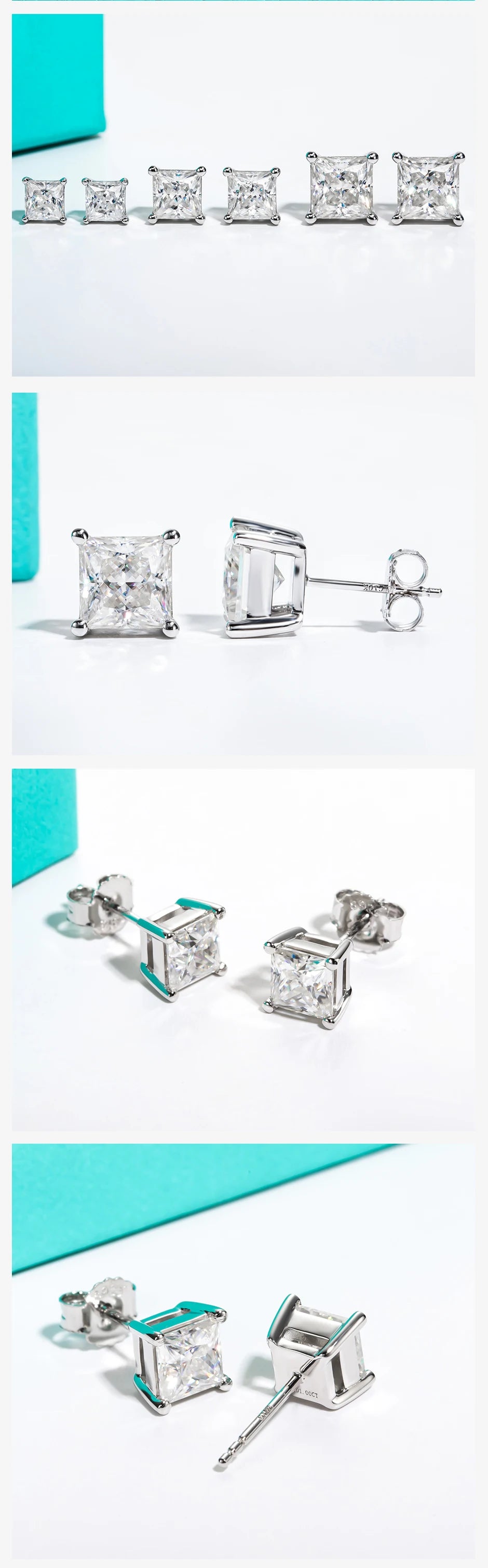 AnuJewel 10k Gold Post 4/2/1.2ct Princess Moissanite Women Earrings 10K Gold Post Anti-allergy Stud Earrings For Men Jewelry