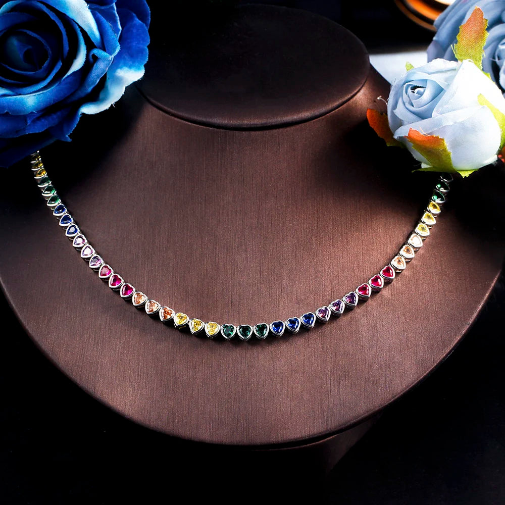 ThreeGraces Elegant Small Heart Shape Cute Lovely Multicolor CZ Tennis Choker Necklace for Women Fashion Party Jewelry PN120