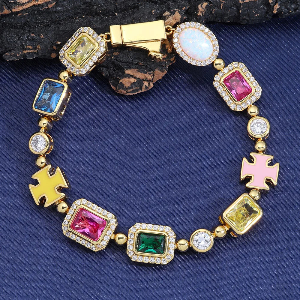 10mm Multicolor Green Blue Red Yellow Black Gem Stone Enamel Cross Chain 18K Gold Plated Jewelry Big Gemstone Necklace Women