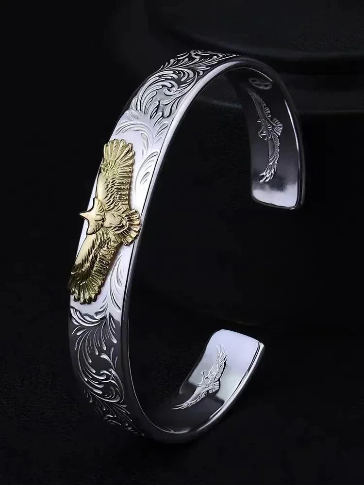 Silver Plated Turquoise Feather Wings Open Bracelet Men\'s Domineering Cuff Bangles Women\'s Fashion Party Jewelry Gift