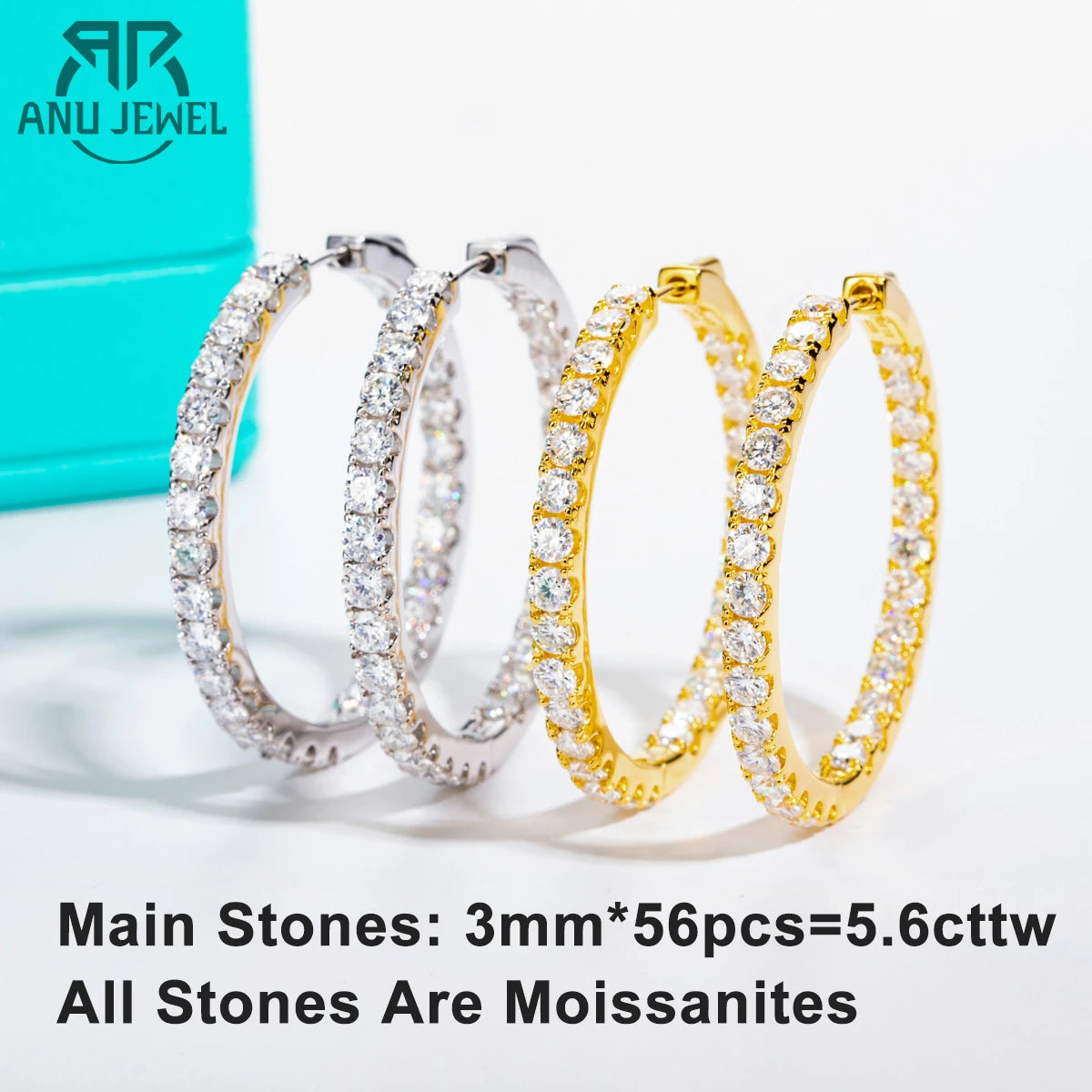 AnuJewel 3mm 5.6cttw D Color Moissanite Big Hoop Earrings 925 Sterling Silver Luxury Huggie Earring For Women Jewelry Wholesale