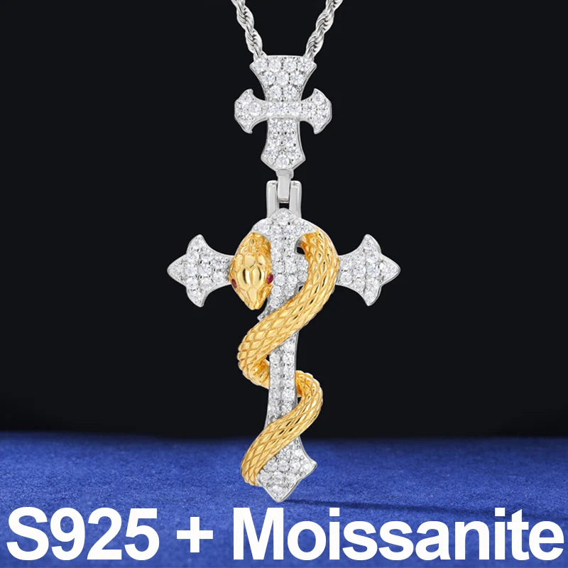 2025 New Snake Winding Cross Pendant Necklace For Men Women 925 Sterling Silver Moissanite Iced Out Bling Hip Hop Jewelry Gifts