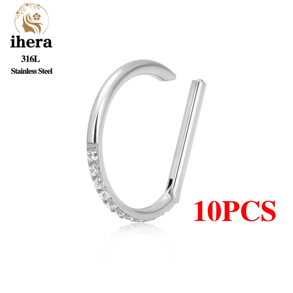 10PCS Stainless Steel D Shape Water Drop Nose Rings 16G CZ Septum Ring Ear Cartilage Tragus Helix Daith Earring Piercing Jewelry