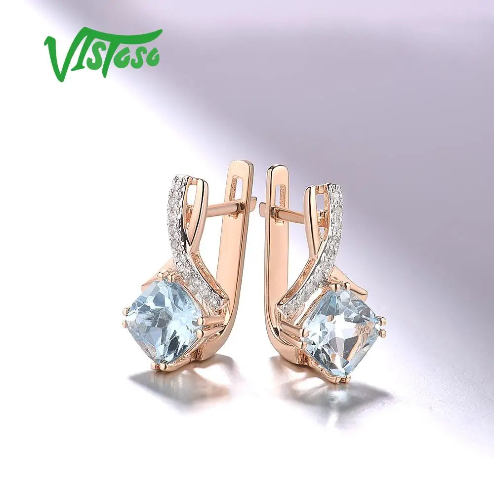 VISTOSO Gold Earring For Women Genuine 14K 585 Rose Gold Radiant Garnet Sparkling Diamond Earring Engagement  Wedding Jewelry