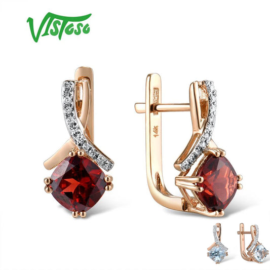 VISTOSO Gold Earring For Women Genuine 14K 585 Rose Gold Radiant Garnet Sparkling Diamond Earring Engagement  Wedding Jewelry