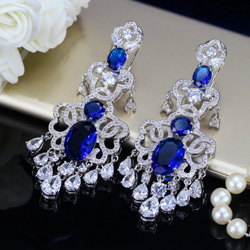 BeaQueen Royal European Design Blue Cubic Zirconia and White Crystal Tassel Drop Super Big Dangling Earrings for Women E039
