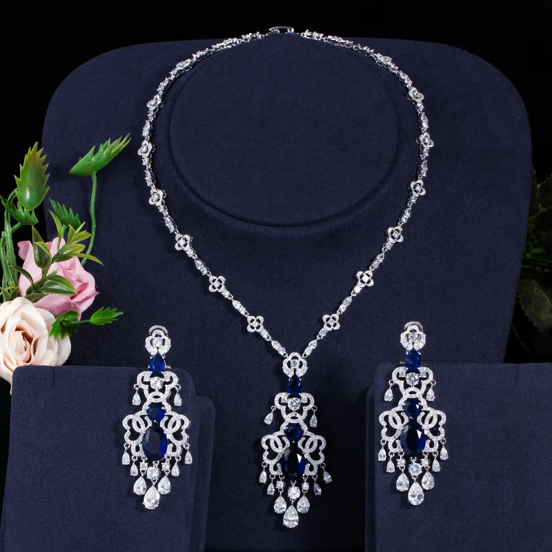 BeaQueen Green Crystal Micro Pave CZ Stone Large Hanging Drop Earrings Necklace Set for Women Wedding Jewelry Gift JS030